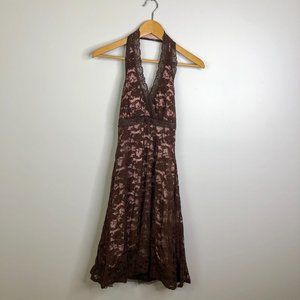 Brown and Pink Lace Halter Dress